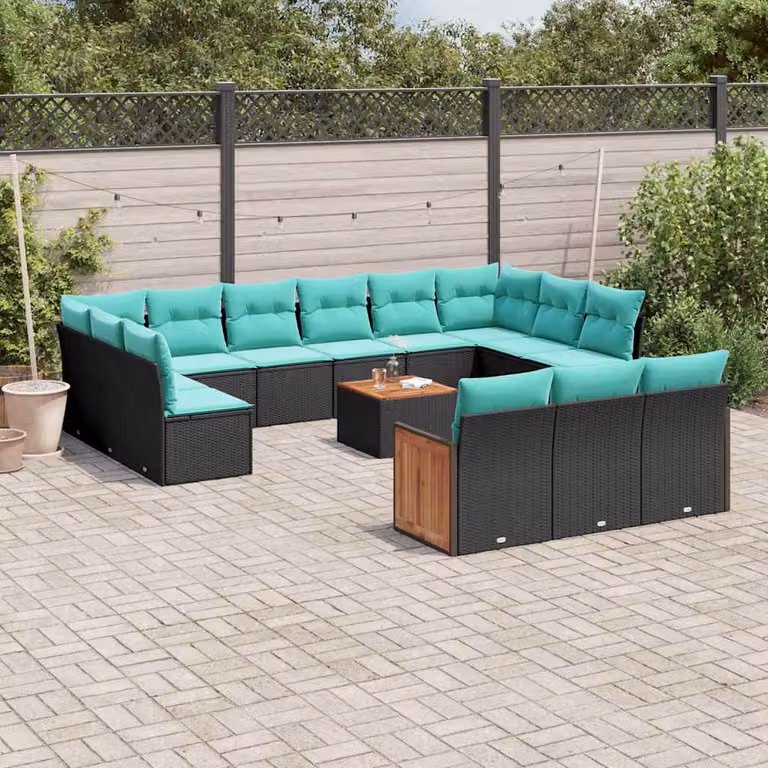 Set di divani da giardino vidaXL in polyrattan nero con cuscini blu a forma di U per esterno e terrazza