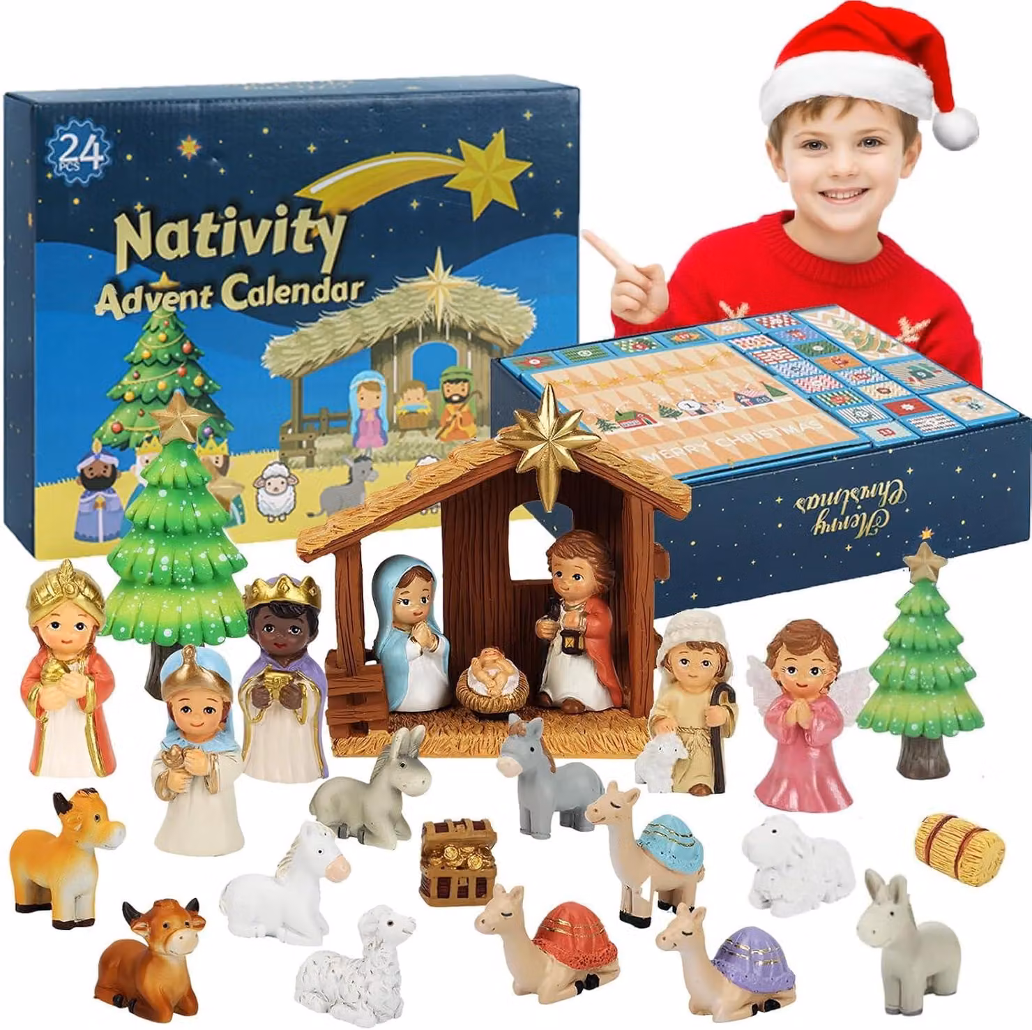 Calendario dell'Avvento 2026 per bambini e ragazzi - Calendario di Natale - Scatola con 24 giorni di conto alla rovescia per il Natale, contenente 7 figure di Gesù e 2 decorazioni per l'albero di Natale