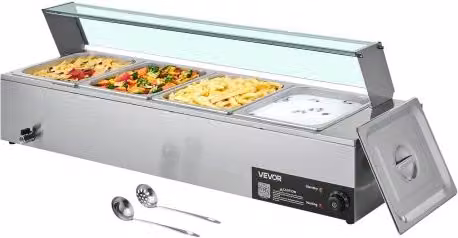 Scaldavivande Commerciale Vevor in Acciaio Inox Argento con 4 Contenitori da 1/2 e Coperchio in Vetro, Potenza 1,5 kW