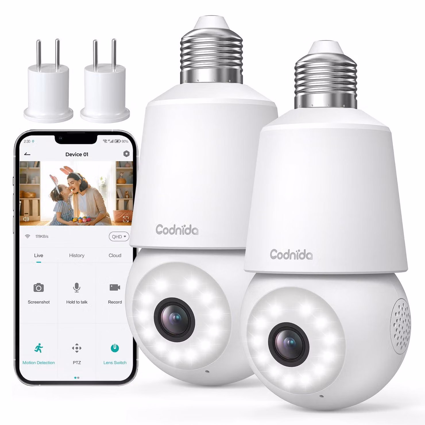 Telecamera interna PTZ 2K bianca - Attacco lampada E27 - Risoluzione 3 MP - Materiale plastico - Sicurezza Wi-Fi - Telecamera di sorveglianza