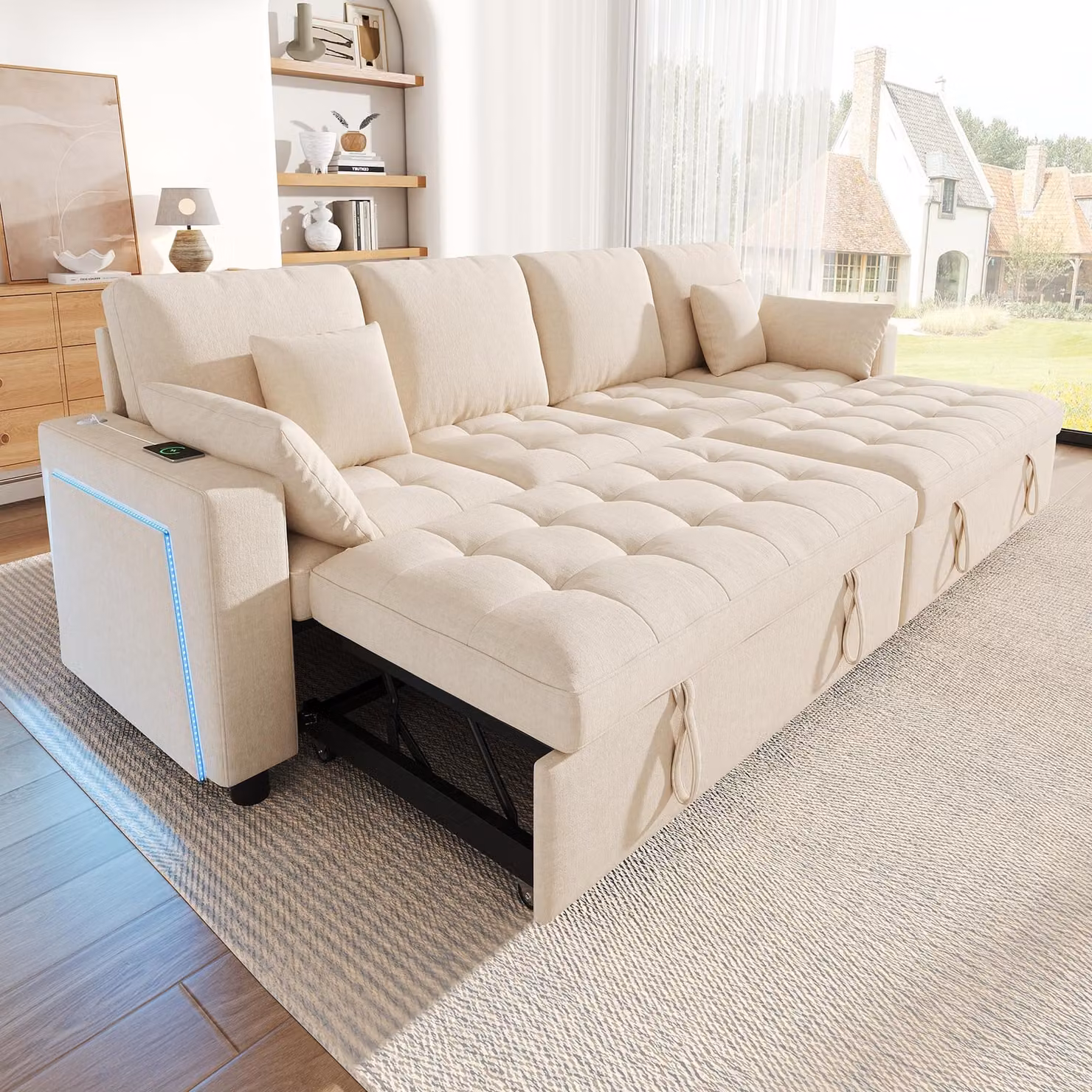 Divano angolare a forma di L, 4 posti, con funzione letto, dotato di meccanismo estraibile, illuminazione LED, porta USB di tipo C, schienale regolabile, rivestito in chenille, colore beige