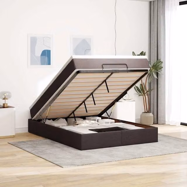 Letto con contenitore a sollevamento vidaXL in tessuto marrone e bianco con materasso L/P: 140 x 200 cm