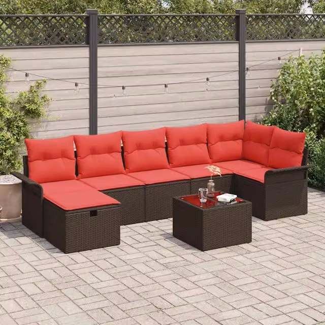 Set Divano da Giardino 8 pz Marrone e Rosso polyrattan 3358913