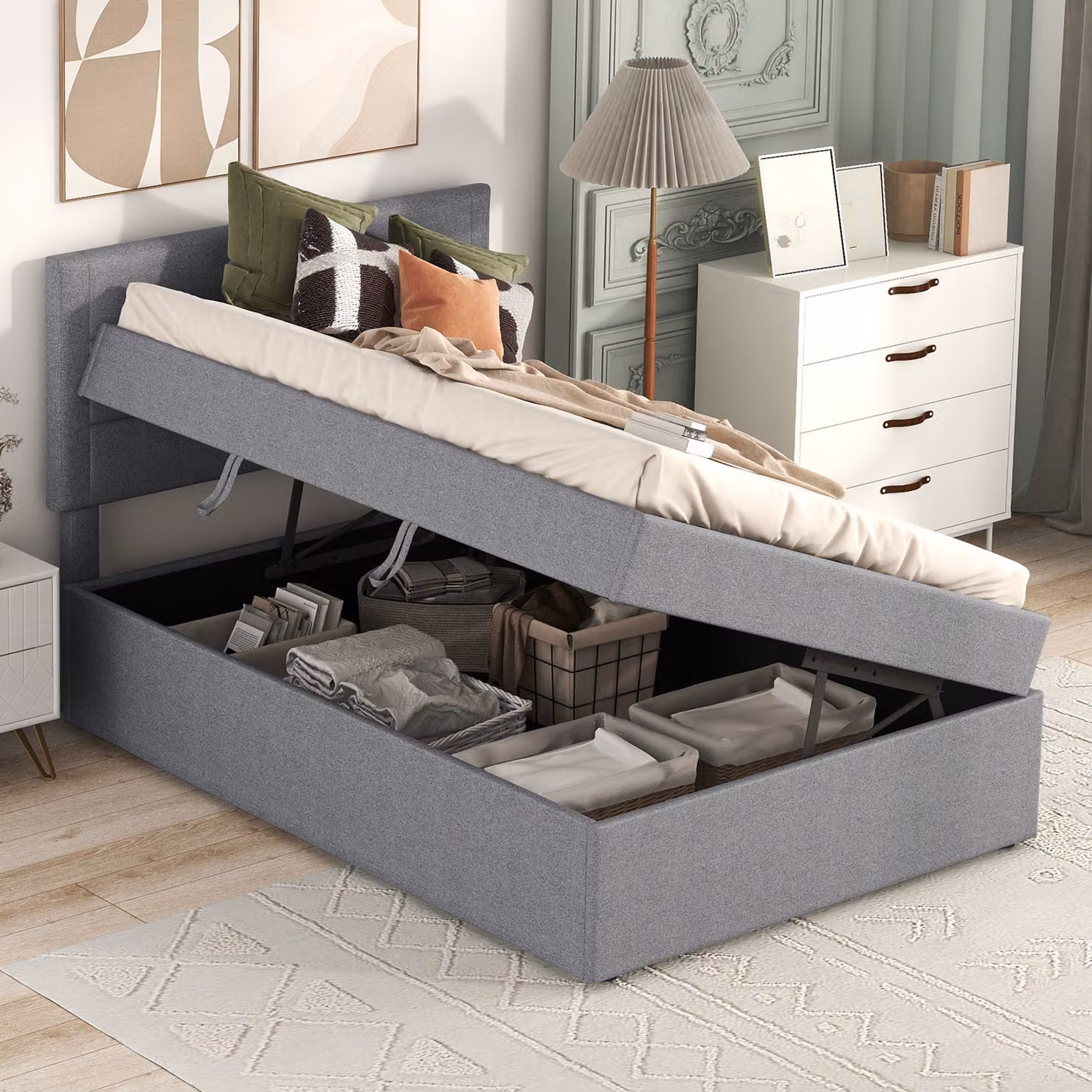 MODFU Letto imbottito 90x200 cm Letto per bambini con rete a doghe e contenitore (senza materasso), Grigio