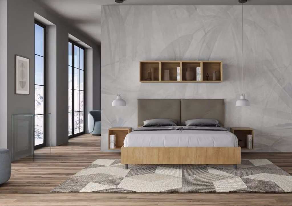Letto Matrimoniale Egos Appia con Contenitore e Rete, Struttura in Quercia e Cuscini in Similpelle, Colore Cappuccino, L/P/H: 160 x 190 x 112 cm – 2