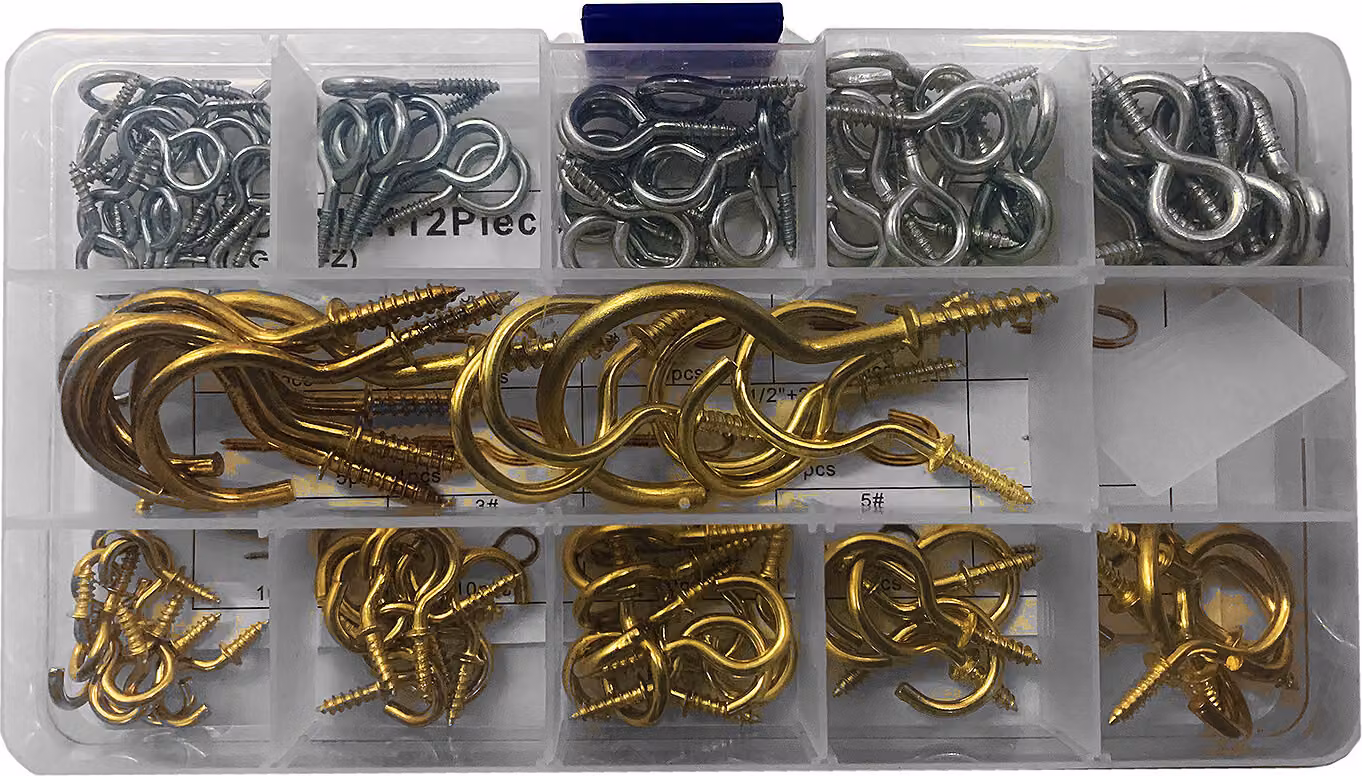Assortimento di 112 piccoli ganci a vite in scatola