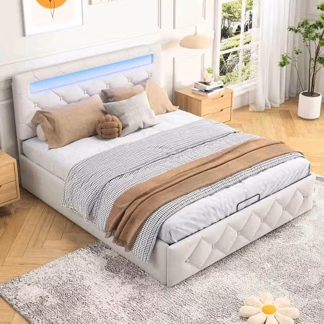 Letto imbottito da 140 x 200 cm;letto matrimoniale a LED;letto ad apertura idraulica con contenitore;letto matrimoniale imbottito;velluto beige