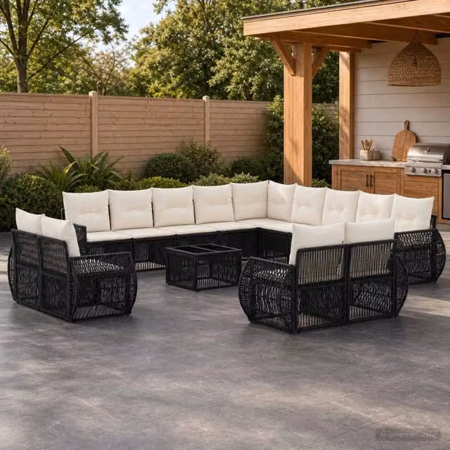 Set Divano da Giardino a Forma a U vidaXL in Polyrattan con Tavolino da Caffè e Cuscini, Nero e Bianco – 1