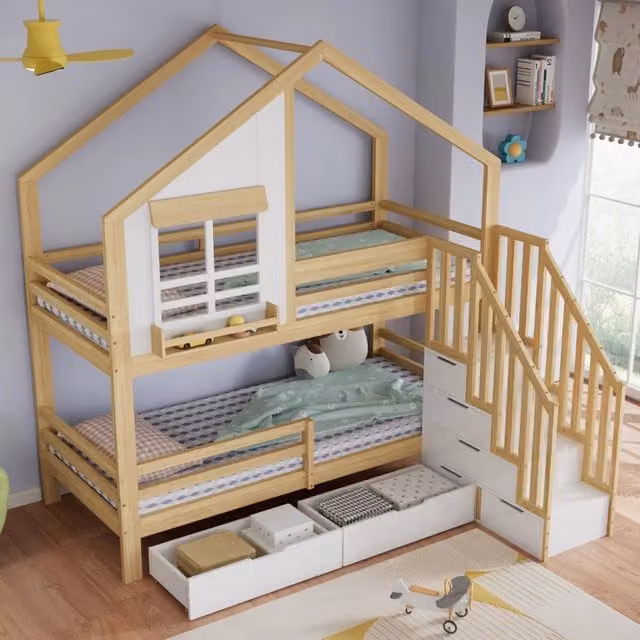 Letto a castello per bambini REDOM in legno e MDF, colore bianco e naturale, con cassetti e scala di sicurezza, L/P/H: 200 x 90 x 120 cm