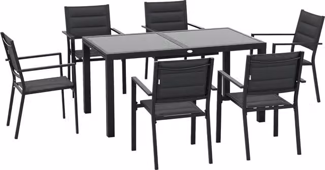 Set da giardino Outsunny con tavolo rettangolare allungabile in vetro e 6 sedie, design moderno in alluminio e vetro, Grigio