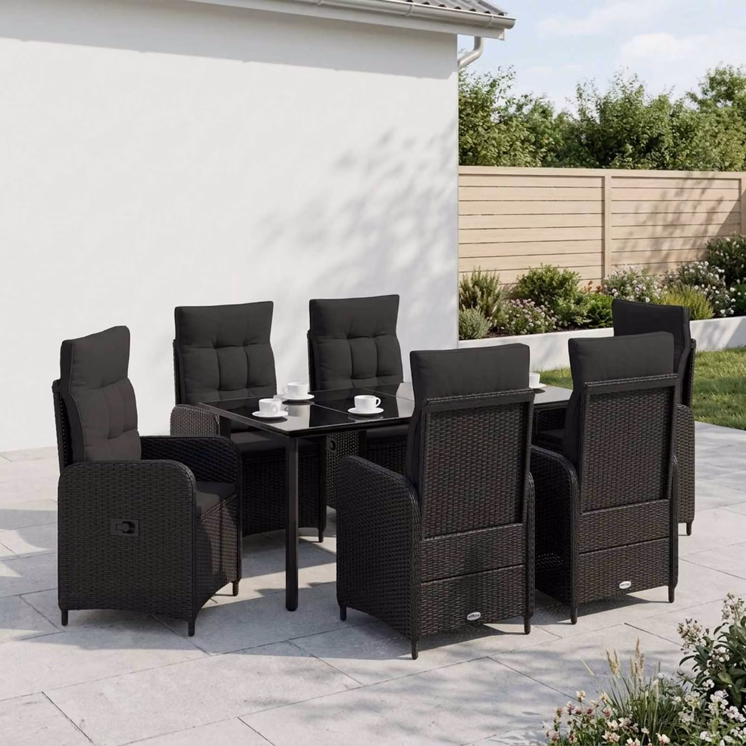Set da pranzo per giardino e terrazzo vidaXL in polyrattan nero, 7 pezzi