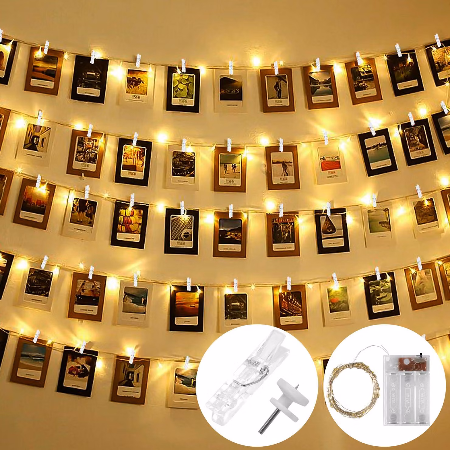 Catena luminosa a LED con clip, lunghezza 5 metri, 50 LED, 30 clip, luce bianco caldo