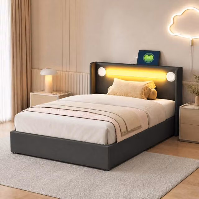 Letto imbottito per bambini con contenitore; LED; Bluetooth e 2 USB; 90x200 cm; PU nero