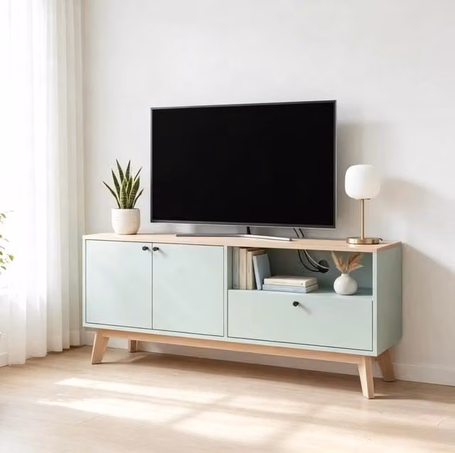 Mobile TV 120 cm in MDF verde chiaro e rovere per TV fino a 36 pollici con 2 ante, cassetto e vano aperto