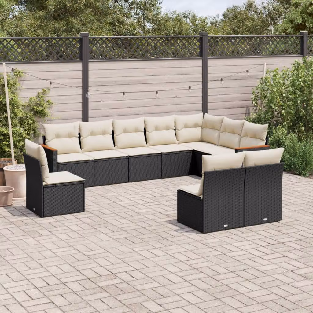 vidaXL Set Divani da Giardino a Forma di U in Polyrattan Nero con Cuscini e Struttura in Acciaio – 1