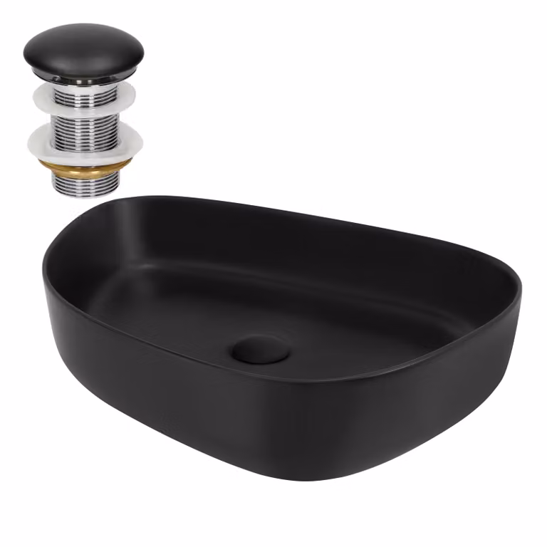 Lavabo LuxeBath Lavabo da appoggio ovale, 55x42x14 cm, nero, in Vetroceramica, incl. set di scarico senza troppopieno