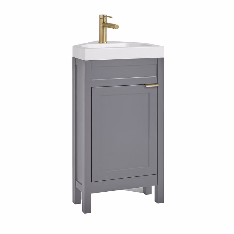 Mobile Bagno Angolare Grigio Chiaro da 450mm con Lavabo e Maniglia Moderna con Impugnatura a Dito in Oro Satinato - Warwick