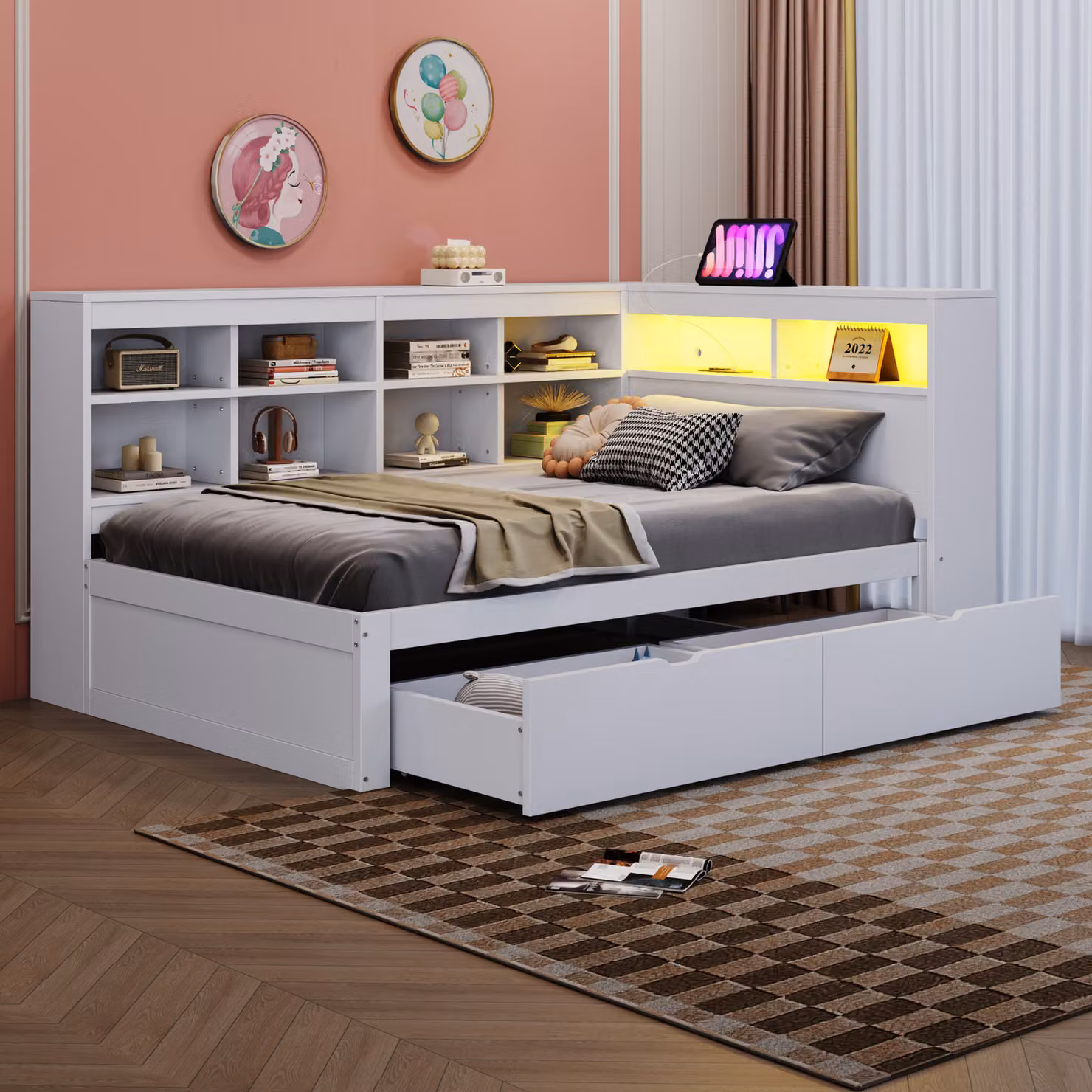STILVORA Divano letto per ragazzi 90×200 cm, divano letto con presa USB, striscia luminosa a LED e cassetti, bianco (senza materasso)