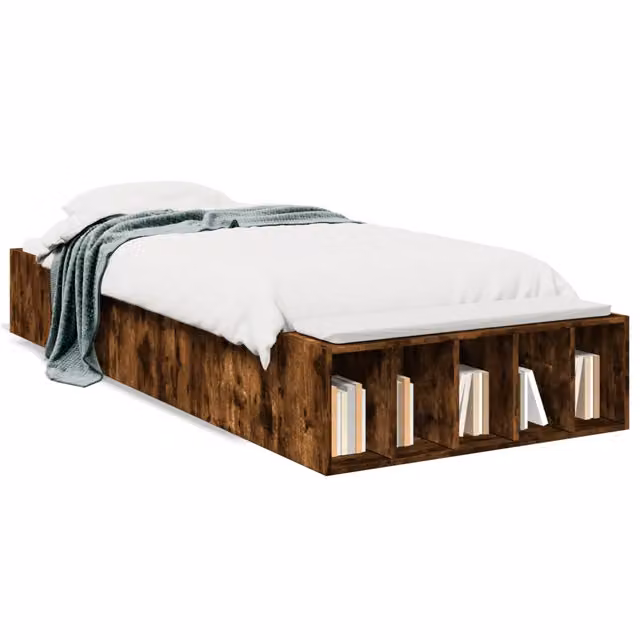 Letto singolo moderno in legno Rovere Fumo con scomparti laterali L/P/H: 200 x 100 x 225,5 cm – 1