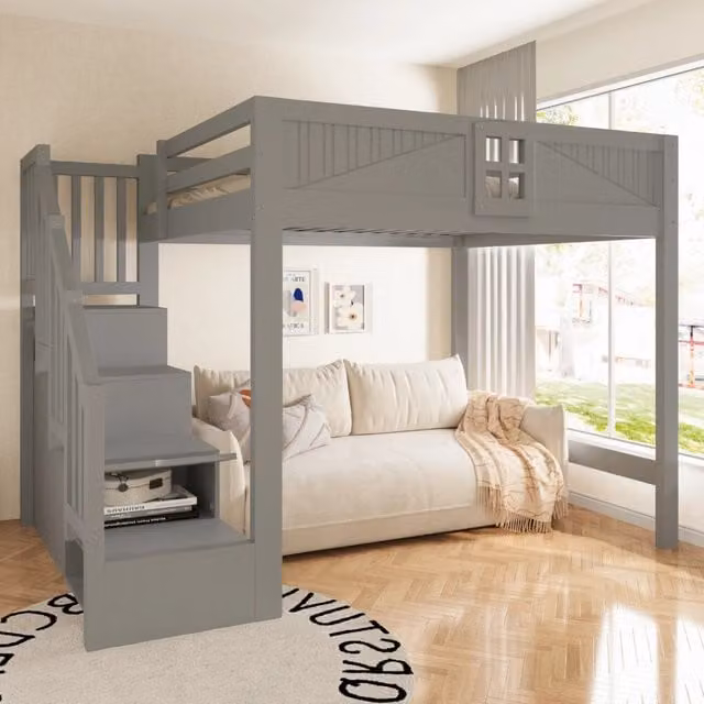 Letto a soppalco 140x200 cm in legno; grigio; con scala contenitore reversibile