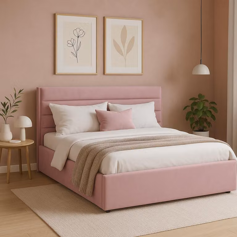 Letto imbottito Sofello in velluto rosa, 200 x 200 cm, struttura a doghe in legno, letto in velluto - letto matrimoniale con splendida trapuntatura e design speciale