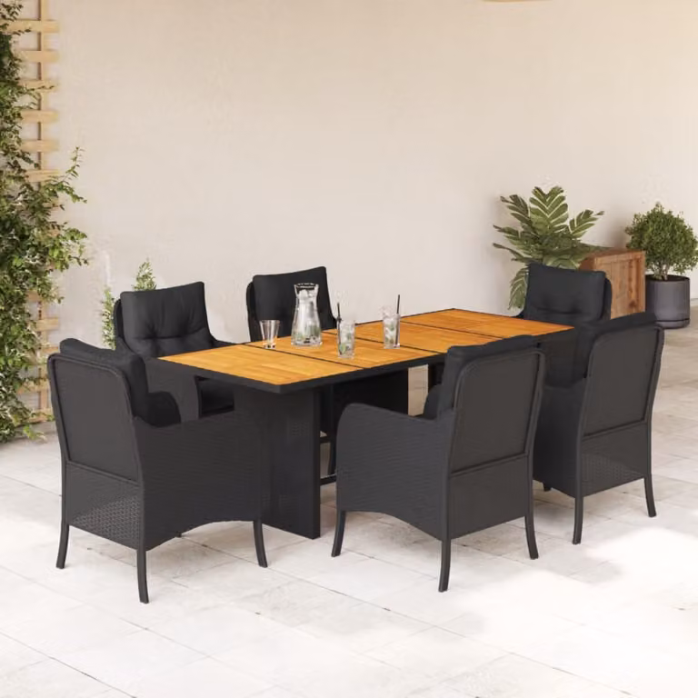 Set da Pranzo da Giardino vidaXL 7 pz in Polyrattan e Legno di Acacia Nero e Marrone con Cuscini