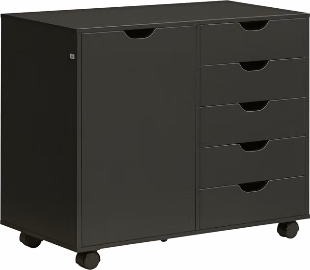 HOMCOM Mobile portaoggetti da scrivania con 5 cassetti, 1 porta e ripiano regolabile, supporto stampante su ruote, L/P/H: 78 x 40 x 66,5 cm, nero
