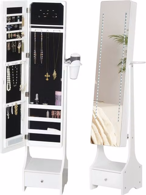 Armadio Portagioie HOMCOM Bianco con Specchio e Luci LED Regolabili con Interruttore Touch per Bracciali, Orecchini e Anelli