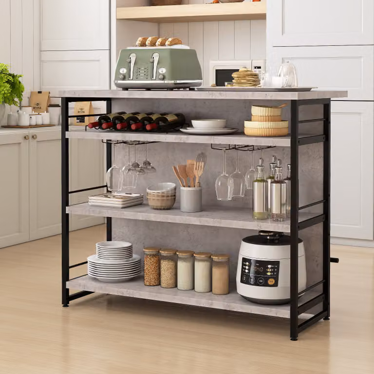 Isola cucina stile industriale Costway con 3 ripiani aperti e porta calici, Mobile bar in metallo e MDF con poggiapiedi, Grigio
