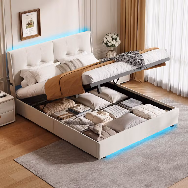 Letto con contenitore 140 x 200 cm, illuminazione a LED, testata imbottita, rete a doghe pieghevole, beige