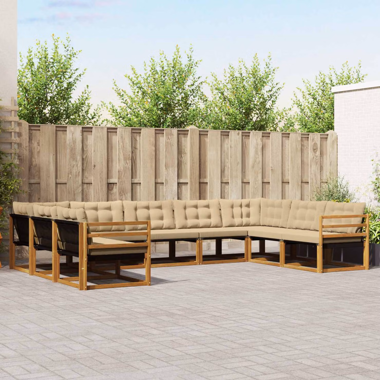 Set di divani da esterno vidaXL a forma di U composto da 9 pezzi in legno di acacia e tessuto textilene, colore marrone e beige