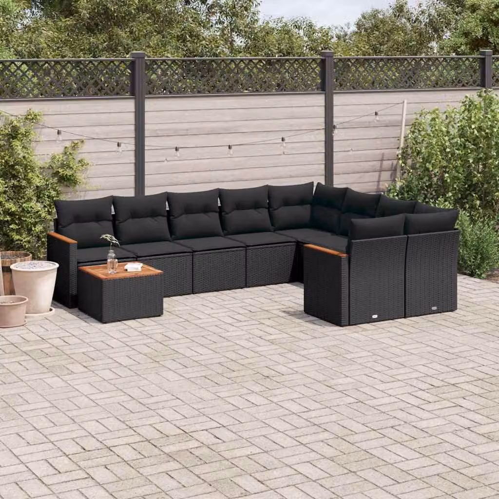 vidaXL Set Divani da Giardino 10 Pezzi con Cuscini e Tavolino da Caffè in Polyrattan Nero e Acciaio – 1