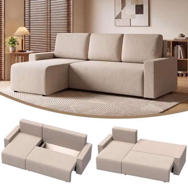 Divano angolare letto XYLO a 3 posti con chaise longue reversibile in velluto beige con sistema click-clack L/P/H: 210 x 125 x 86 cm