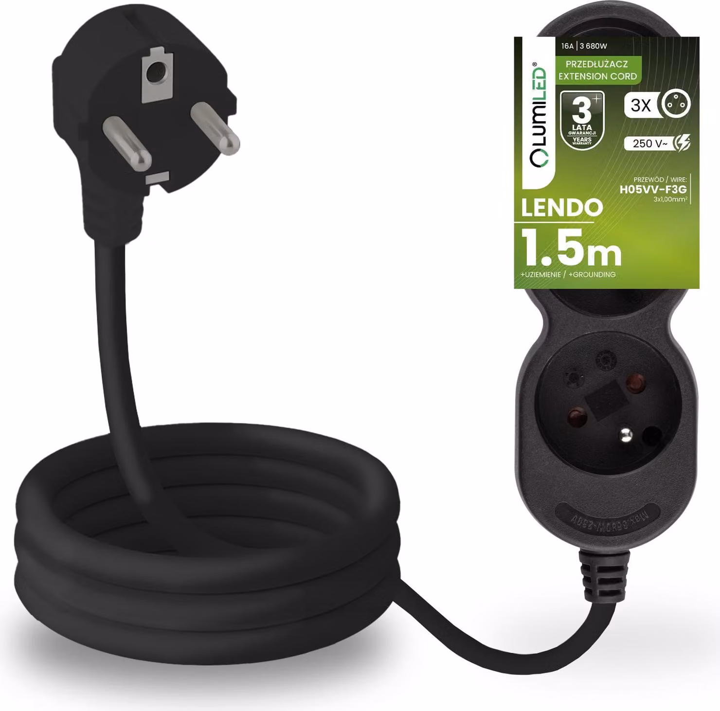 Presa multipla LUMILED Presa tripla tipo E, cavo da 1,5 m H05VV-F3G nero Presa multipla E 16A 3680W 250V IP20 Staffa per sospensione