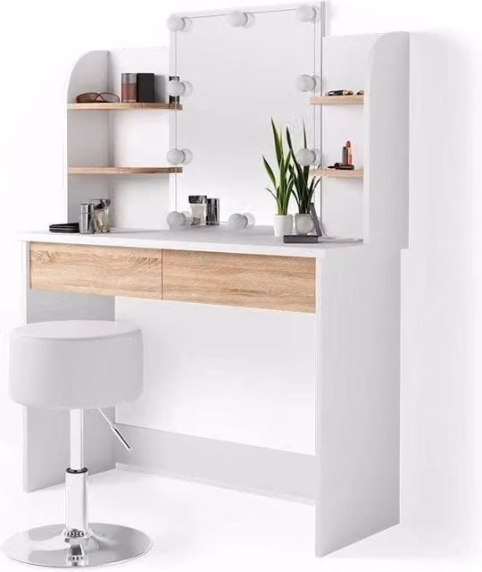 Tavolo da trucco in legno beige - Specchio con illuminazione LED - Con sgabello - Tavolo da trucco per donne - 108 x 142 x 40 cm
