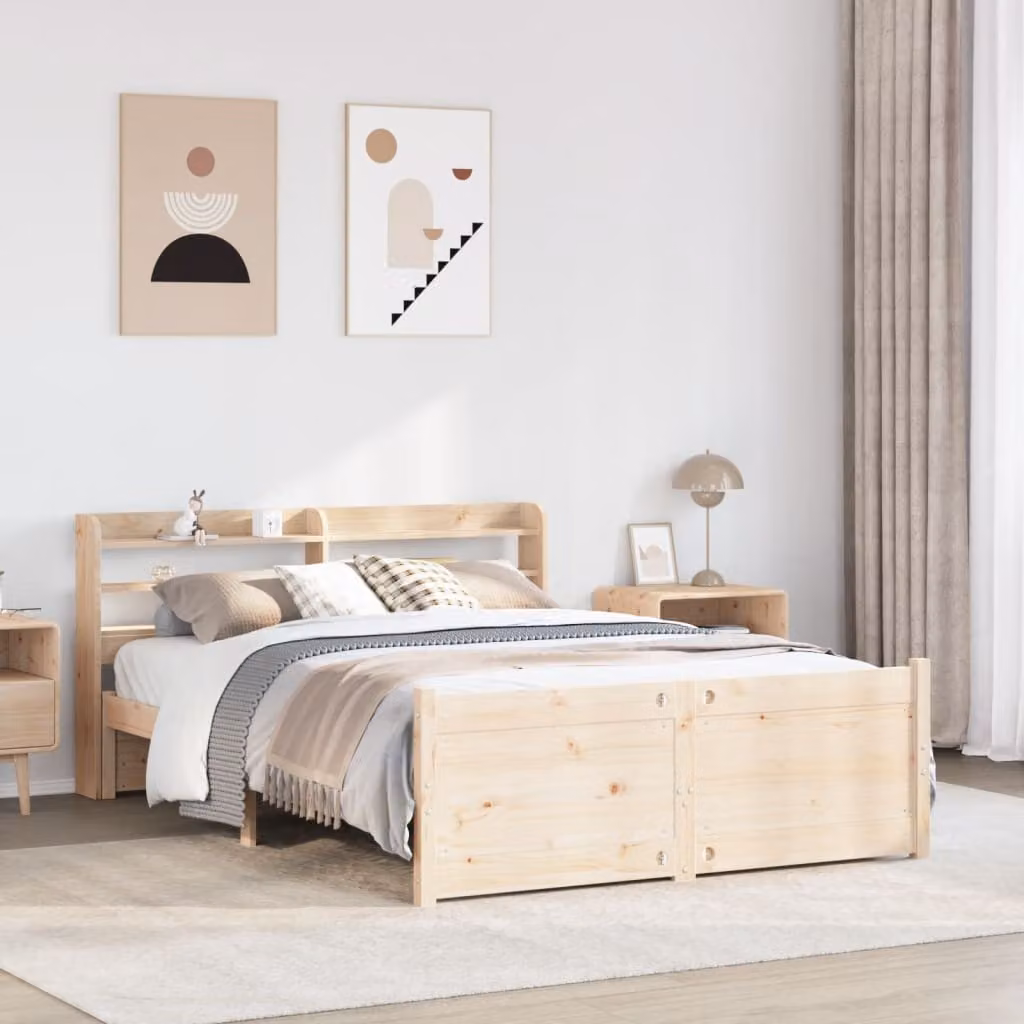 vidaXL Letto in Legno Massello di Pino Marrone con Testiera e Scomparti Laterali 150x200 cm