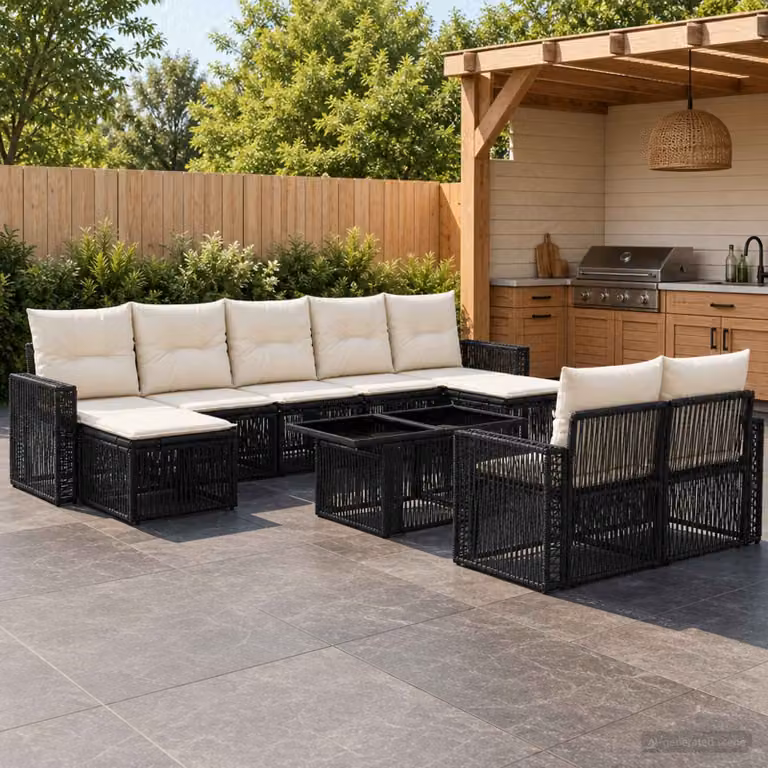 Set Divano da Giardino vidaXL 10 Pezzi in Polyrattan Nero e Bianco Crema con Cuscini e Tavolino