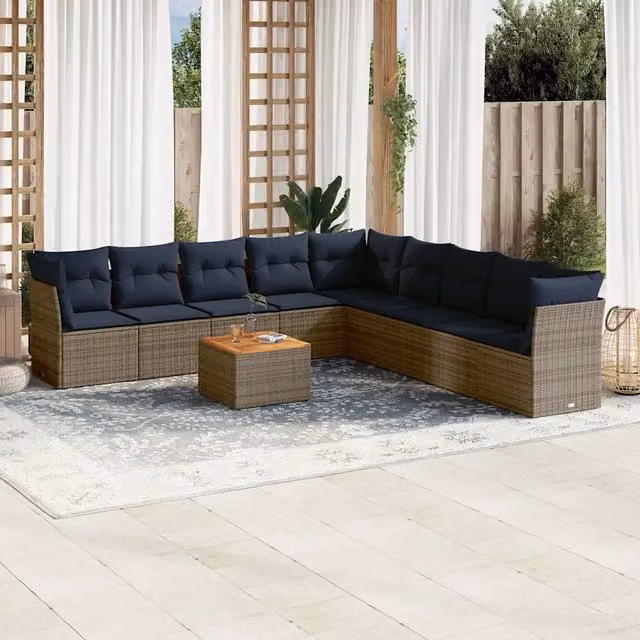 Set Divani da Giardino 10 pz con Cuscini Grigio in Polyrattan 3256026