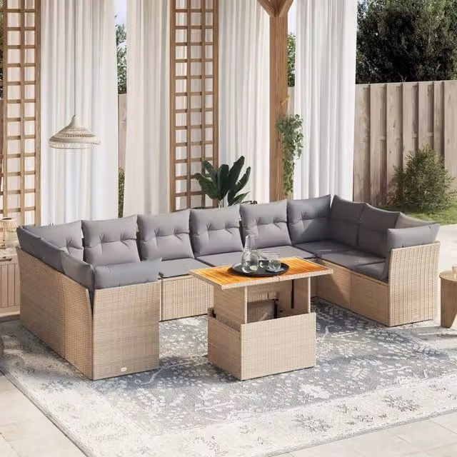 Set di divani da giardino VIDAXL in polyrattan con cuscini beige, composizione a L da 11 pezzi – 1