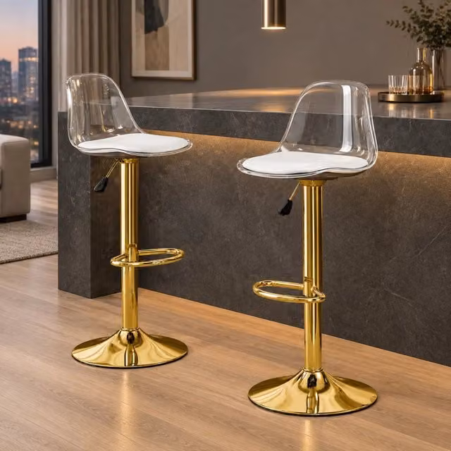 Set di 2 sgabelli da bar ULEVR regolabili 82-104 cm, seduta girevole 360¡ã e schienale trasparente, oro