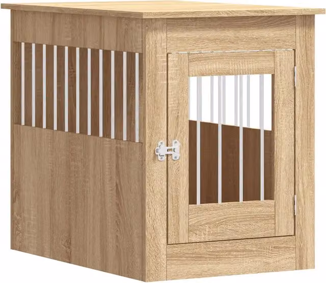Gabbia per cani da arredamento in multistrato e metallo color rovere sonoma, L: 55 cm, P: 80 cm, H: 68 cm – 1