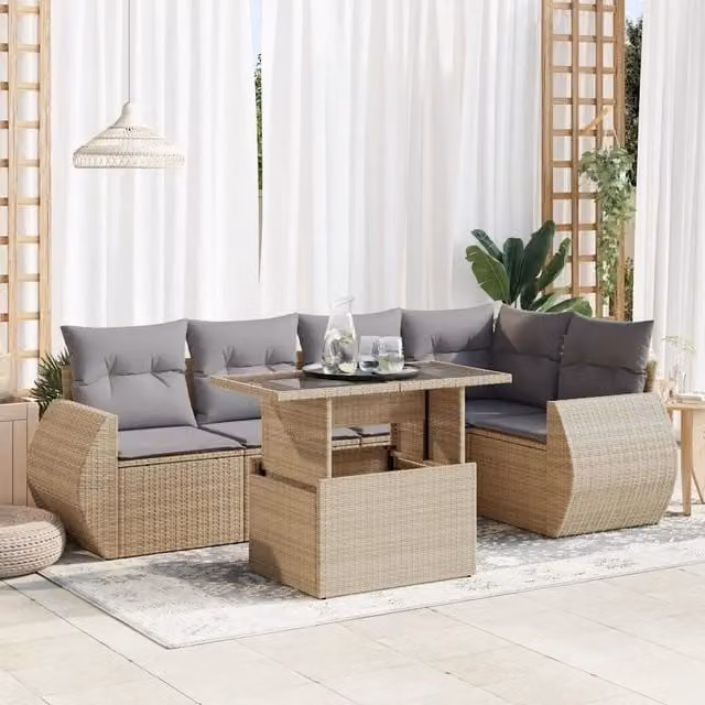 Set Divano da Giardino a L vidaXL in Polyrattan con Cuscini Beige e Tavolino, 6 Pezzi