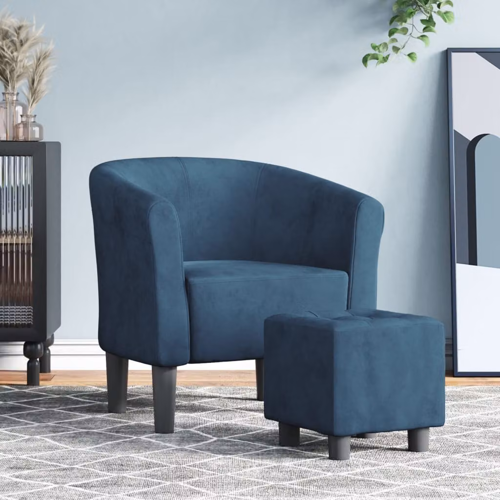 vidaXL Poltrona Cabriolet con Poggiapiedi in Velluto Blu con Struttura in Legno e Schiuma