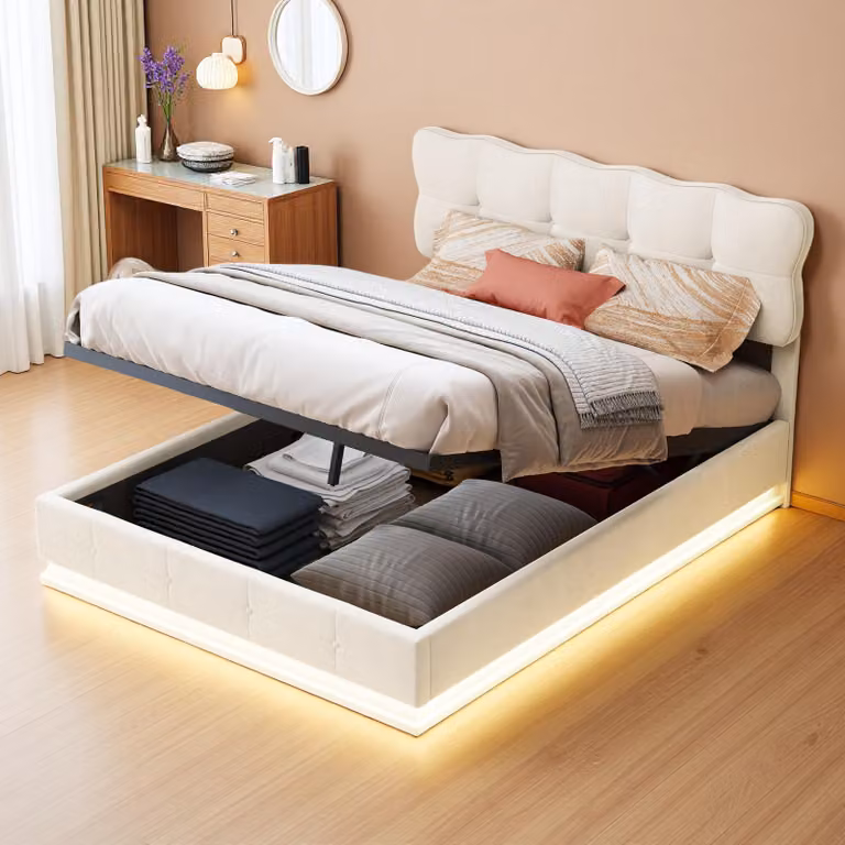 Letto imbottito Fortuna Lai 140x200 cm, LED, rete, idraulico, testata regolabile, velluto, beige