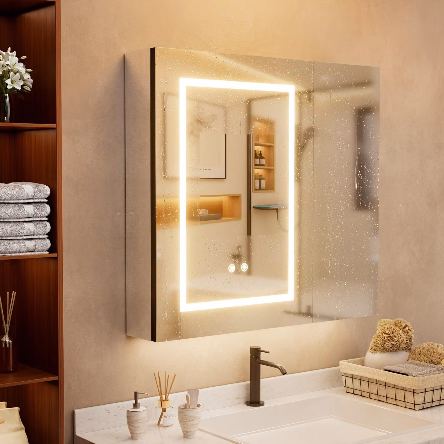 Specchio da bagno - Mobile da bagno - Mobile con specchio - Mobile a parete - Mobile contenitore - Bianco champagne con dettagli dorati