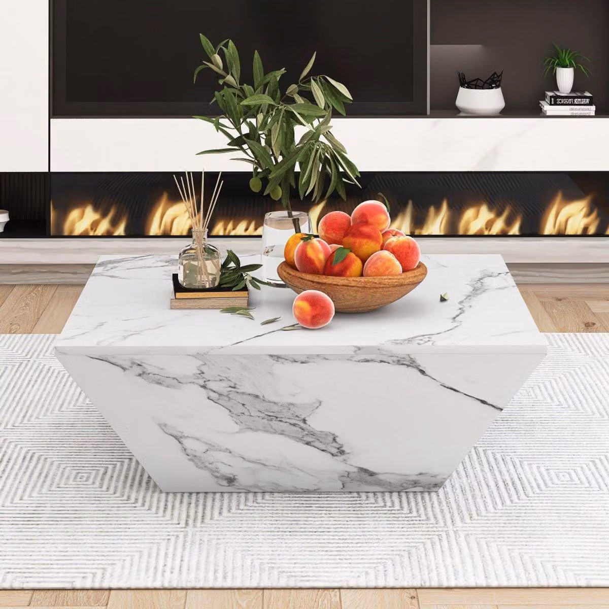 Tavolino da salotto a forma trapezoidale - 70x70x37 cm - MDF rivestito - Motivo effetto marmo bianco