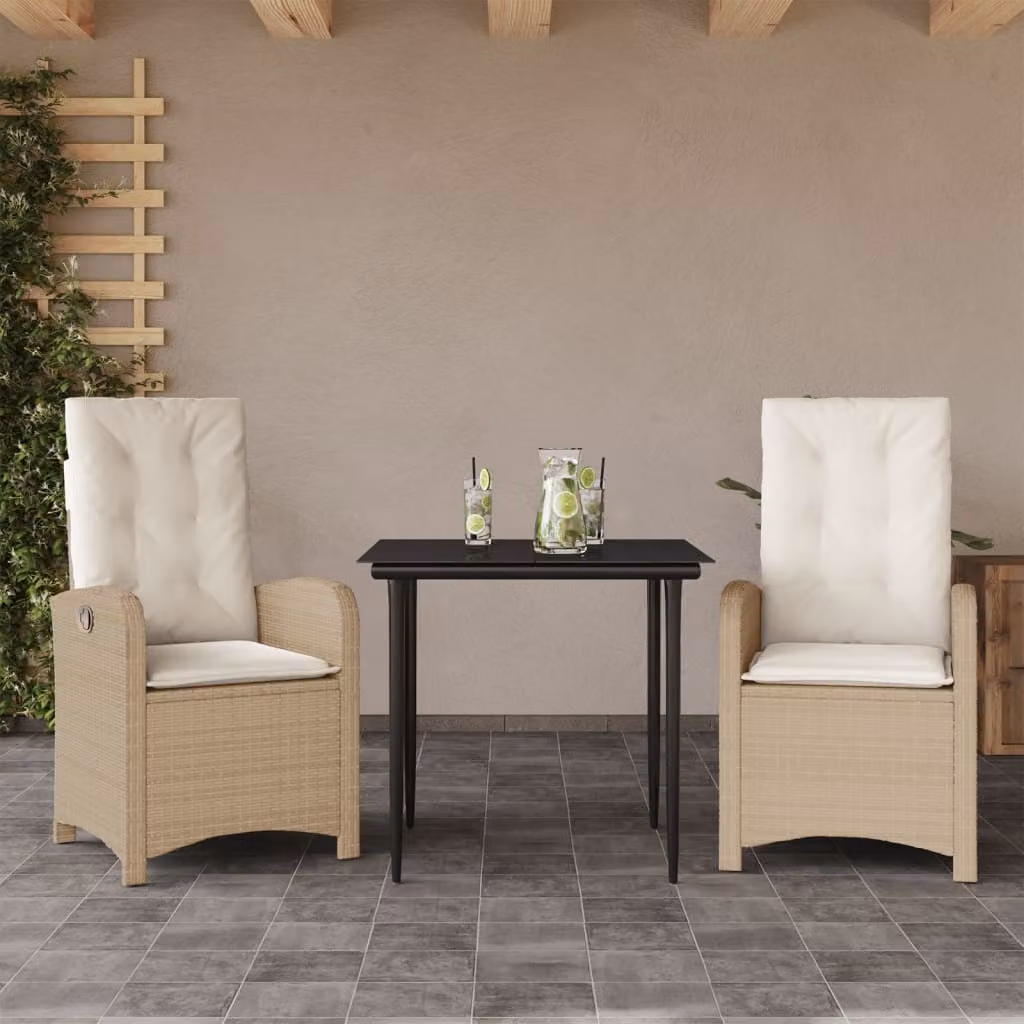 Set da Pranzo da Giardino 3 pz vidaXL in Polyrattan con Cuscini Beige e Piano in Vetro – 1