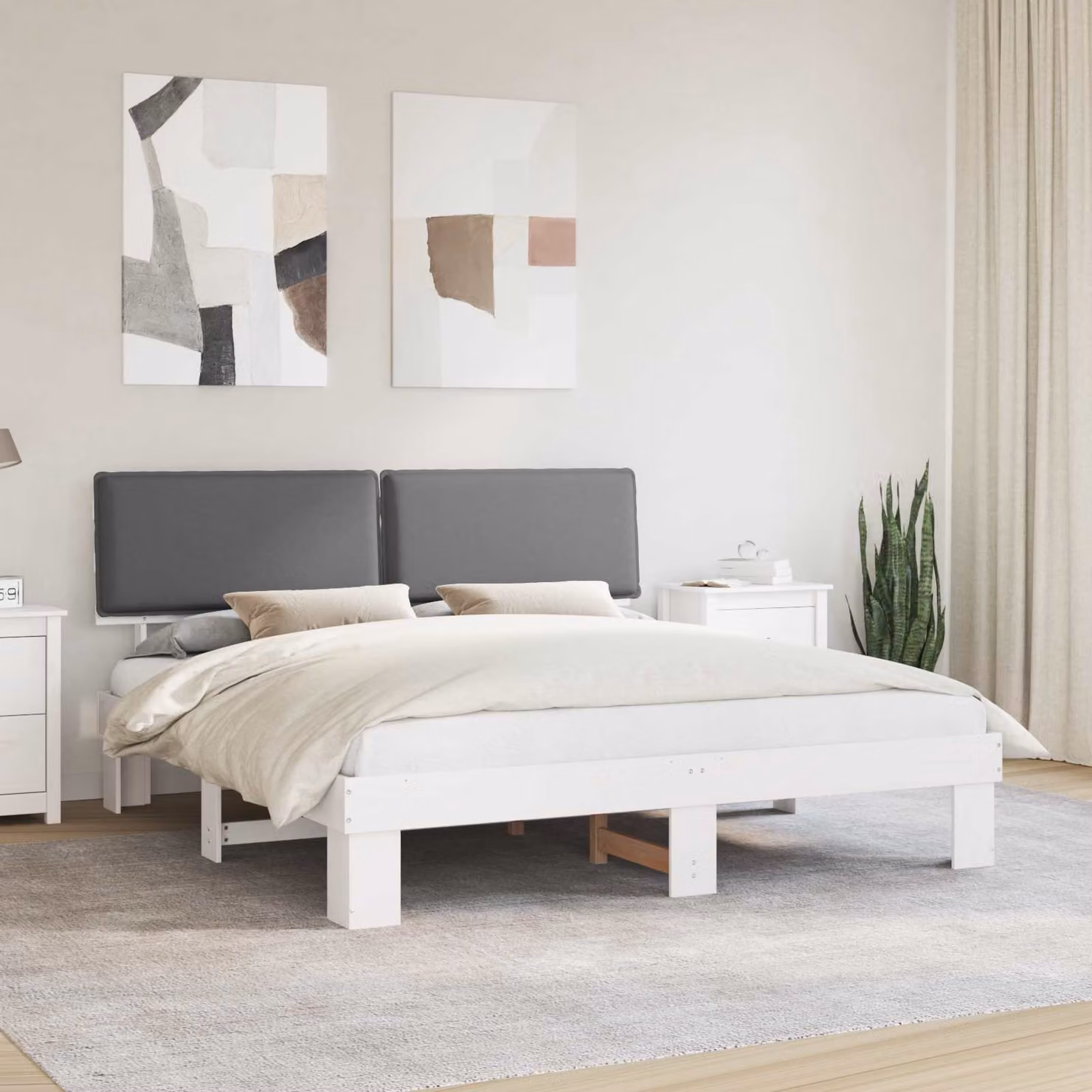 Letto con Testiera Rivestita vidaXL in Legno di Pino e Tessuto Grigio L/P/H: 200 x 200 x 105 cm – 1