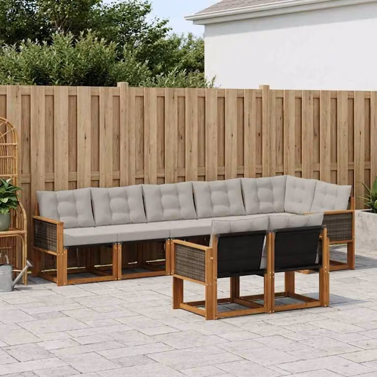 Set di divani da esterno vidaXL a forma di L composto da 8 pezzi in legno di acacia e tessuto textilene, colore beige e grigio