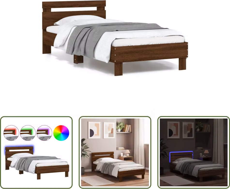 The Living Store Struttura letto con testiera e luci LED in rovere marrone 90x200 cm